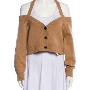INTERMIX Camel Off-Shoulder Cropped Button Cardigan